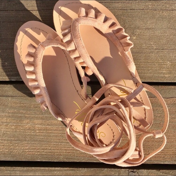 New. Nude Vegan Suede Wrap Sandal with Ruffle - Picture 2 of 7